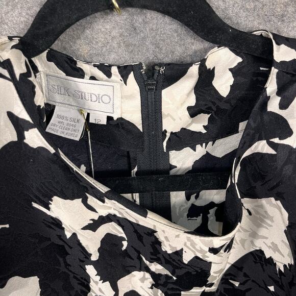 Vintage Silk Studio Dress 12 Black White 100% Silk Long Dress - Picture 3 of 10